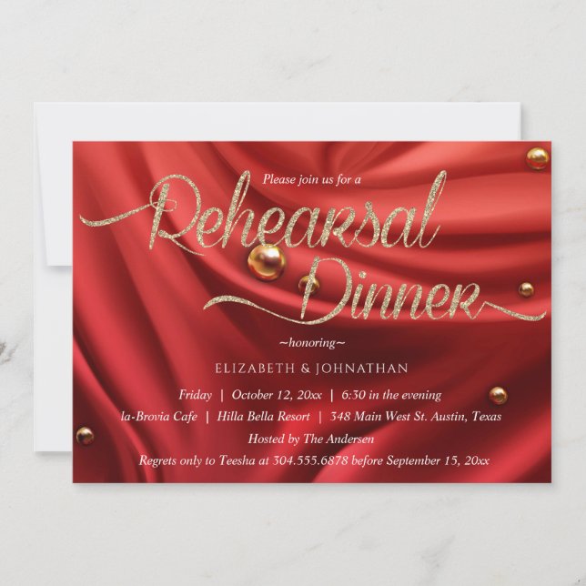 Elegant Red Silk Gold Minimal Rehearsal Dinner Invitation (Front)