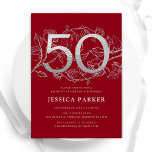 Elegant Red Silver 50th Birthday Invitation<br><div class="desc">Elegant red silver 50th birthday party invitation. Customizable modern feminine design featuring roses botanical accents and faux glitter silver. Simple floral invite card perfect for a stylish female bday celebration. Personalize with your own details. Printed Zazzle invitations or instant download digital printable template.</div>