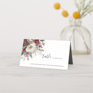 Elegant Red Silver Christmas Winter Floral Wedding Place Card