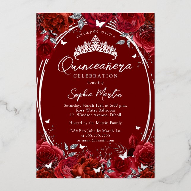 Elegant Red Silver Floral Quinceanera (Front)