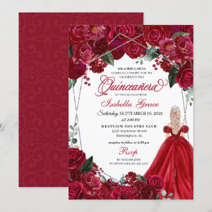Elegant Red & Silver Floral Quinceanera Birthday I Invitation