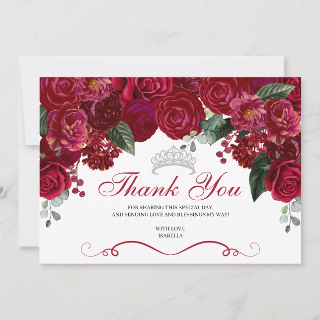 Elegant Red & Silver Floral Quinceanera Thank You Card (Front)