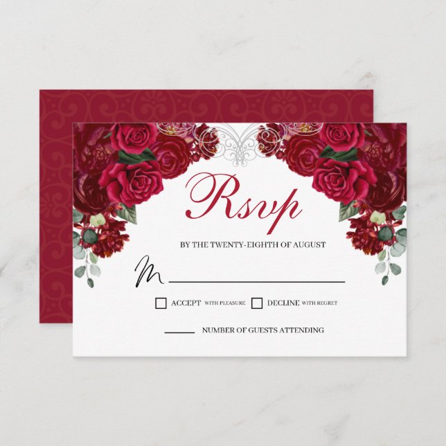 Elegant Red & Silver Floral RSVP Enclosure Card (Front/Back)