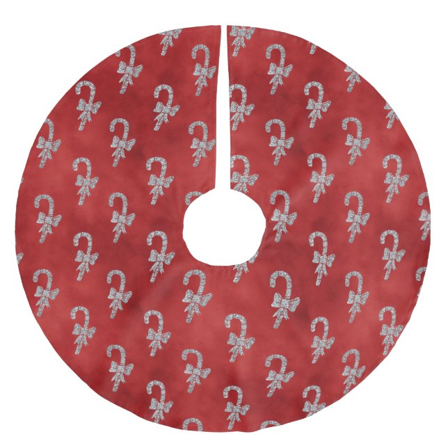 Elegant Red Silver Glitter Candy Canes Christmas Brushed Polyester Tree Skirt (Front)