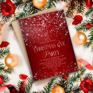 Elegant Red Silver Glitter Christmas Eve Party Invitation
