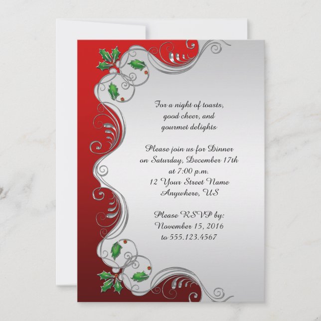 Elegant Red Silver Green Holly Christmas Party Invitation (Front)