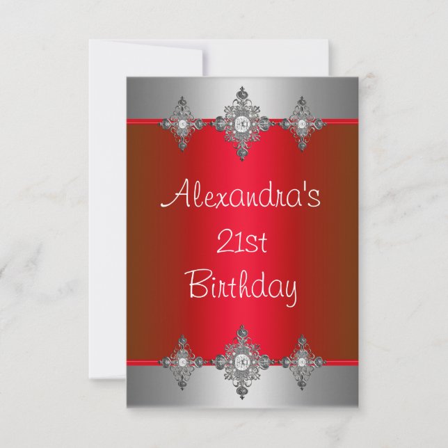 Elegant Red Silver Jewel 21st Birthday Invitation (Front)