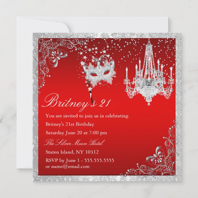 Elegant Red & Silver Masquerade 21st Invite (Front)