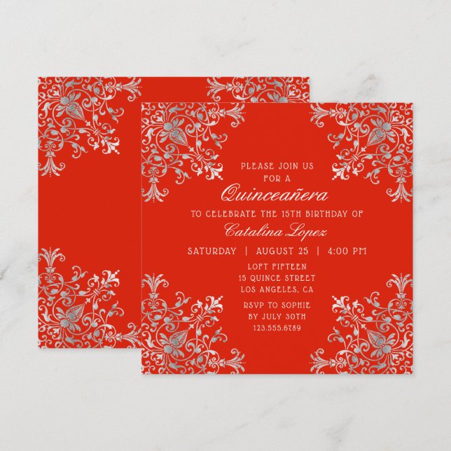 Elegant Red Silver Ornate Floral Quinceañera Invitation (Front/Back)