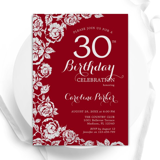 Elegant Red Silver Roses 30th Birthday Party Invitation (Creator Uploaded)