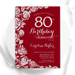 Elegant Red Silver Roses 80th Birthday Party Invitation<br><div class="desc">Red silver floral 80th birthday party invitation. Elegant design featuring roses,  faux silver foil and typography script font. Trendy invite card perfect for a stylish female bday celebration. Can be customized to any age. Printed Zazzle invitations or instant download digital printable template.</div>