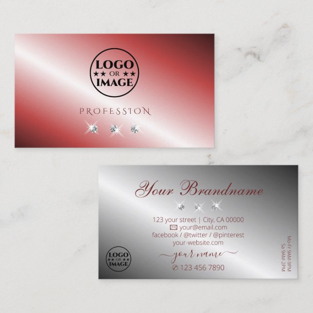 Elegant Red Silver Sparkling Diamonds with Logo Business Card (Front/Back)