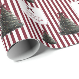 Elegant Red Stripes Bow Watercolor Christmas Tree Wrapping Paper