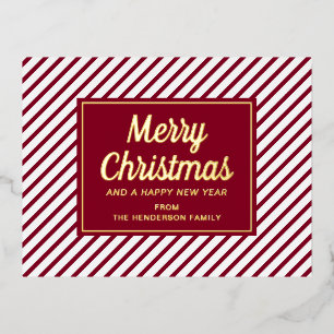 Elegant Red Stripes Merry Christmas Gold Foil Holiday Postcard