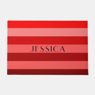 Elegant Red Stripes Pattern Custom Name Doormat