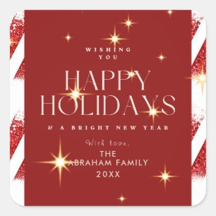 Elegant Red Stripes Sparkling Holidays Christmas  Square Sticker