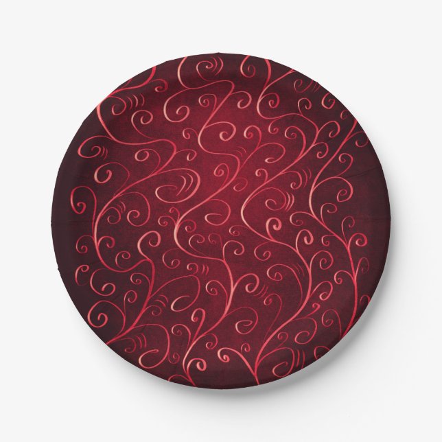 Elegant Red Swirl Pattern Paper Plate (Front)