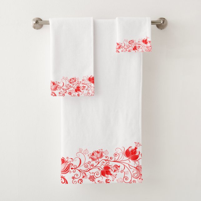 Elegant Red Swirls Floral Border Bath Towel Set (Insitu)