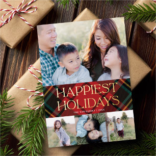 Elegant Red Tartan Christmas Multi-Photo Gold Foil Holiday Card