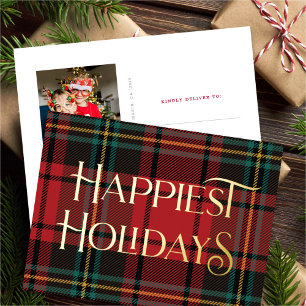 Elegant Red Tartan Christmas Photo Gold Foil Holiday Postcard
