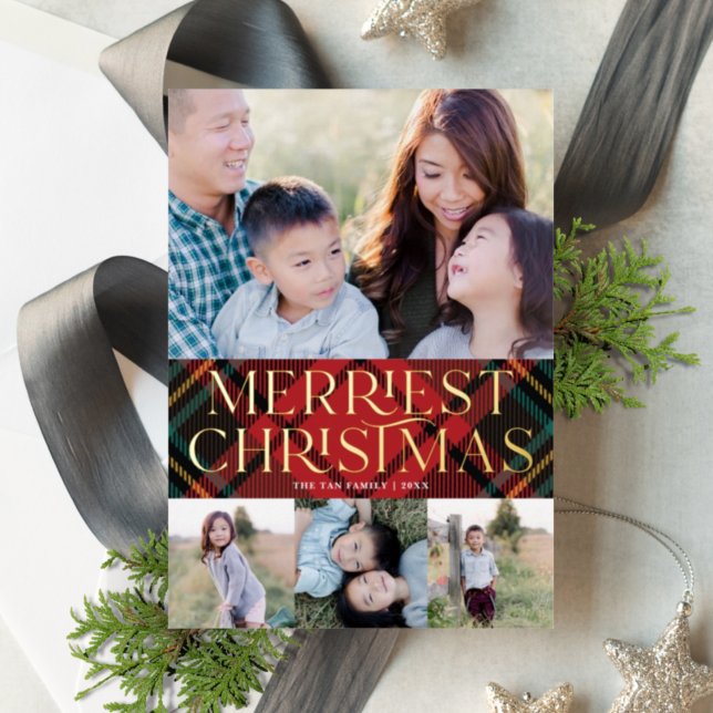 Elegant Red Tartan Christmas Photo Real Foil Card (Creator Uploaded)
