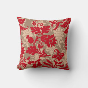 Elegant Red, Taupe & Beige Floral Christmas Throw Pillow