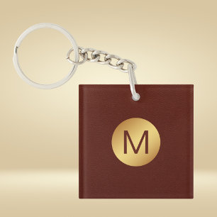 Elegant Red Texture & Gold Monogram Initial Keychain