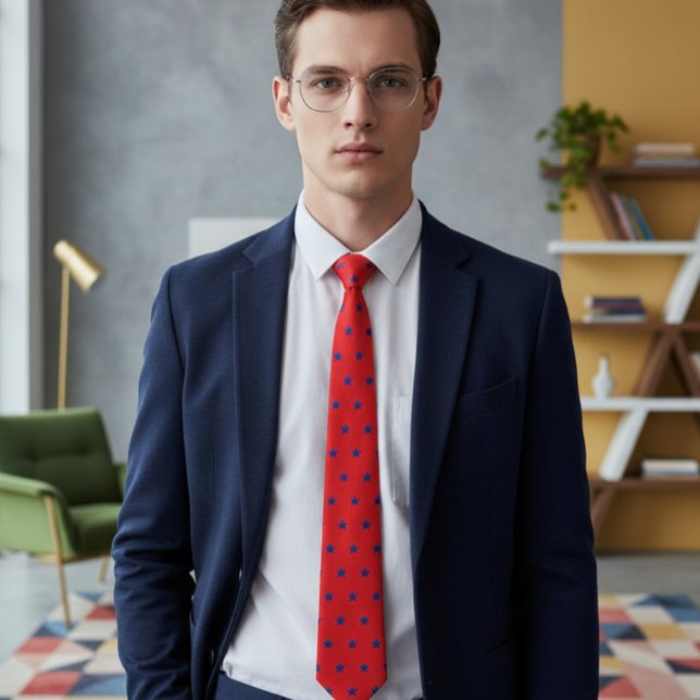 Elegant Red Tie with Embroidered-Effect Blue Stars (Creator Uploaded)