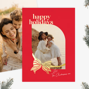 Elegant Red Tied With Gold Bow Photo Foil Holiday Card