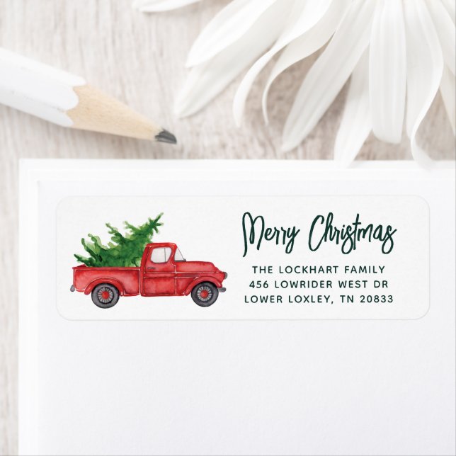 Elegant Red Truck Christmas Holiday Return Address (Insitu)