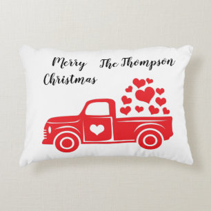 Elegant red truck family name script text on white accent pillow