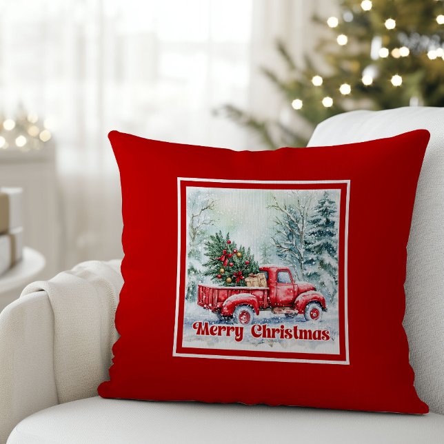 Elegant red truck winter scene rustic festive   throw pillow (Elegant red truck winter scene rustic festive pillow joy

)