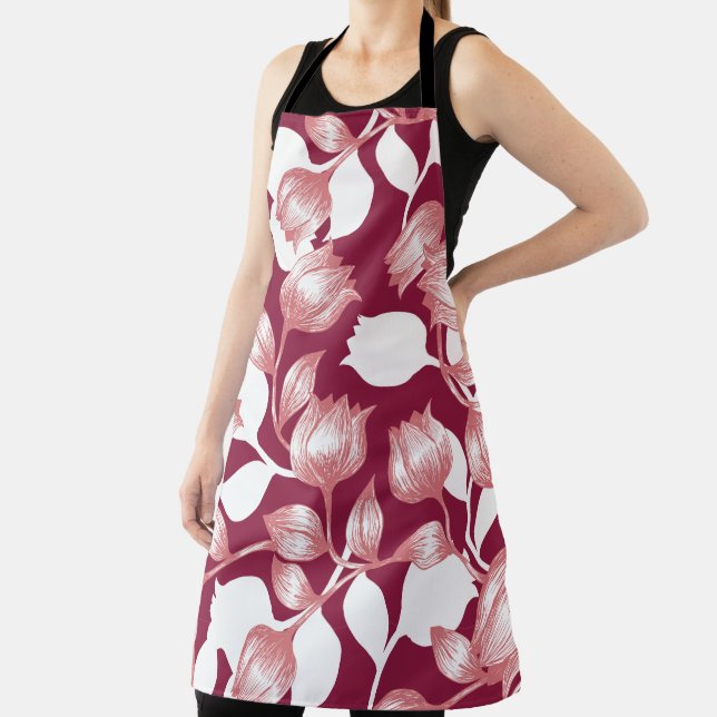 Elegant Red Tulip Silhouette Floral Pattern II Apron (Insitu)