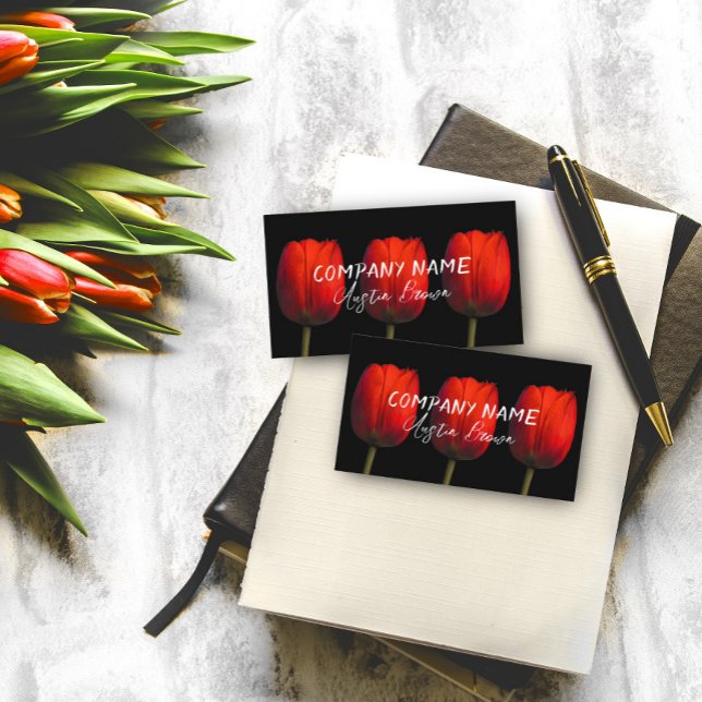  elegant red tulips photo art on bold black  business card (Creator Uploaded)