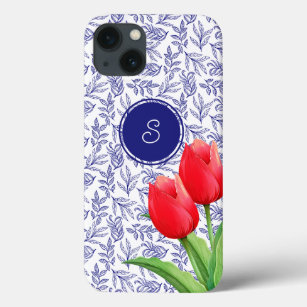 Elegant Red Tulips Spring Floral Blue Monogram iPhone 13 Case