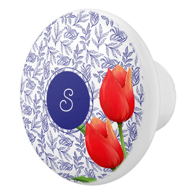 Elegant Red Tulips Spring Floral Blue Monogram Ceramic Knob (Right)