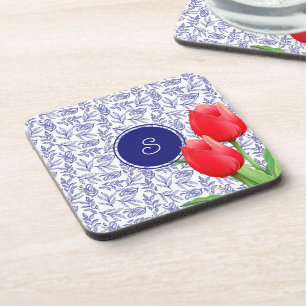 Elegant Red Tulips Spring Floral Blue Monogram Coaster