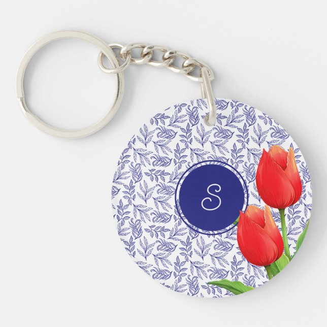 Elegant Red Tulips Spring Floral Blue Monogram Keychain (Front)