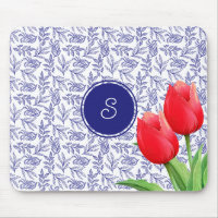 Elegant Red Tulips Spring Floral Blue Monogram