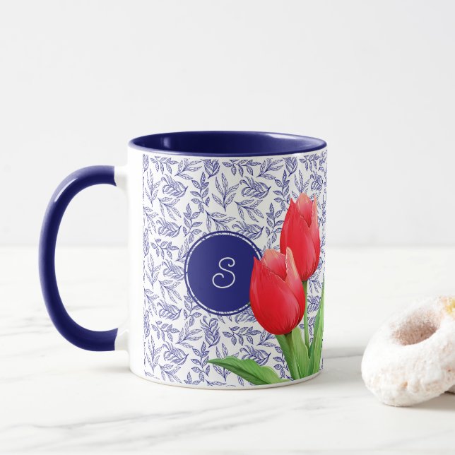 Elegant Red Tulips Spring Floral Blue Monogram Mug (With Donut)