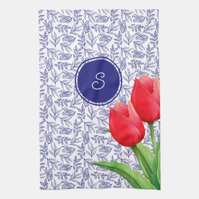 Elegant Red Tulips Spring Floral Blue Monogram Not Kitchen Towel (Vertical)
