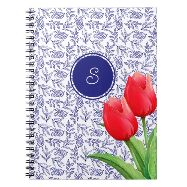 Elegant Red Tulips Spring Floral Blue Monogram Notebook (Front)