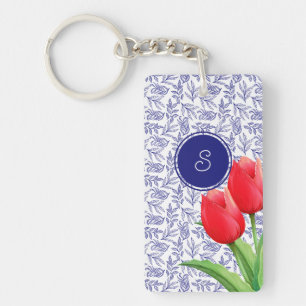 Elegant Red Tulips Spring Floral Blue Monogram Pla Keychain
