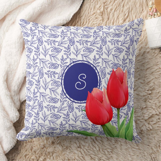 Elegant Red Tulips Spring Floral Blue Monogram Throw Pillow (Blanket)