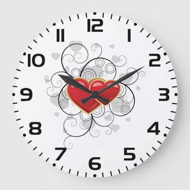 Elegant Red Twin Hearts with Flourish Swirls Large Clock (Front)