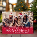 Elegant Red Typography Snowflake 1 Photo Christmas Holiday Card<br><div class="desc">Modern Elegant Red White Snowflake Script One Photo Merry Christmas Script Holiday Card. This festive, simple, minimalist, cute whimsical 1 photo holiday greeting card template features „Merry Christmas” greeting text which is written in a hand lettered swirly swash-tail font calligraphy script photo overlay. On the back side with your greeting...</div>