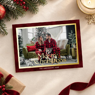 Elegant Red Velvet & Gold Merry Christmas Photo Foil Holiday Card