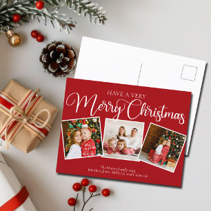 Elegant Red Very Merry Christmas 3 Photo Collage Holiday Postcard