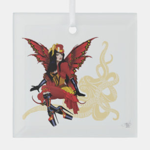 Elegant Red Victorian Steampunk Fairy Octopus Glass Ornament