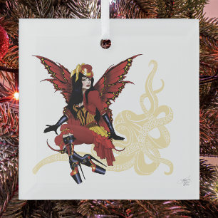Elegant Red Victorian Steampunk Fairy Octopus Glass Ornament